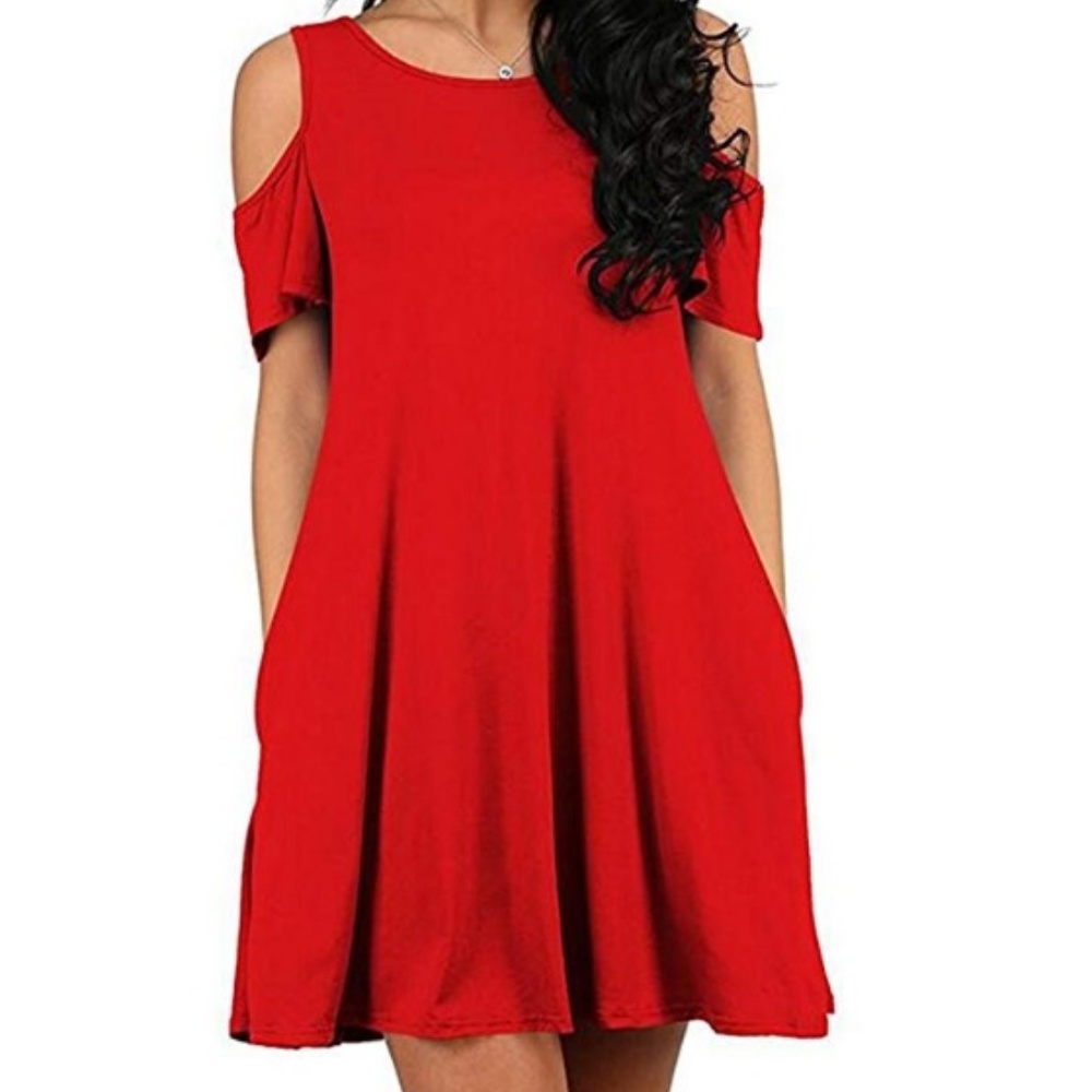 Red Cold Shoulder Short Sleeve Knit Dress